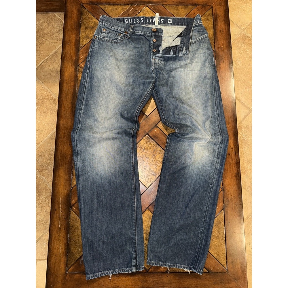 Guess Jeans Rebel Straight Leg Jeans Men 34x33 Blue‎ Distressed Button Fly Y2K